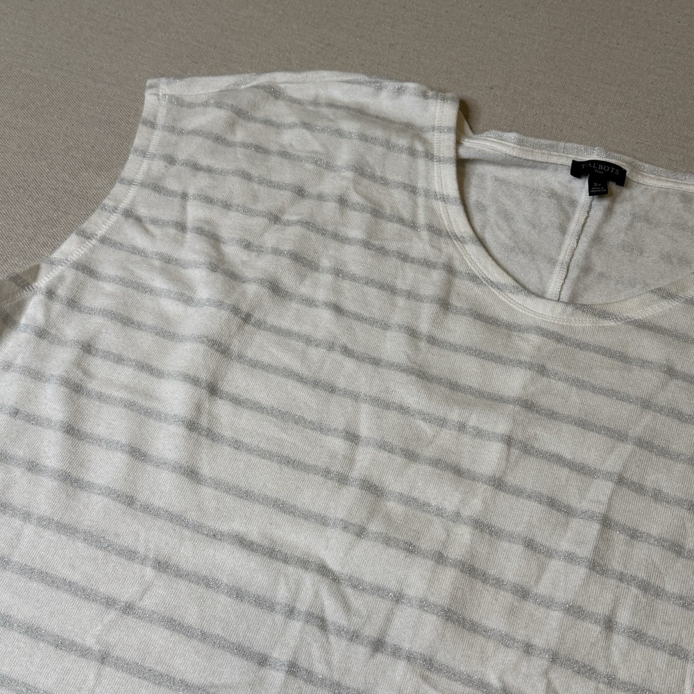 Talbots Plus Women's Dolman Sleeve White/Silver Metallic Striped Top Size 3X